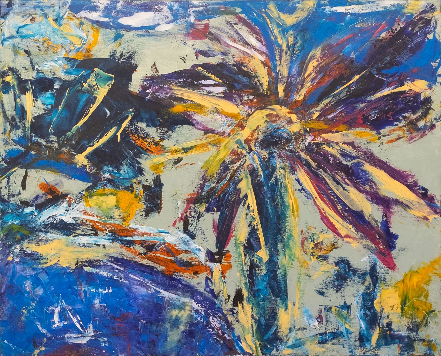 Woman in a suit, holding a flower, bathed in warm light